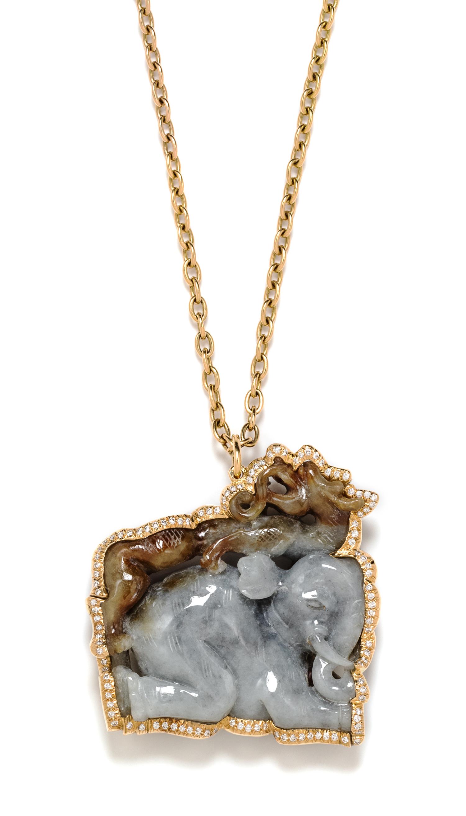 An 18 Karat Yellow Gold, Carved Jade and Diamond Necklace, 84.70 dwts.