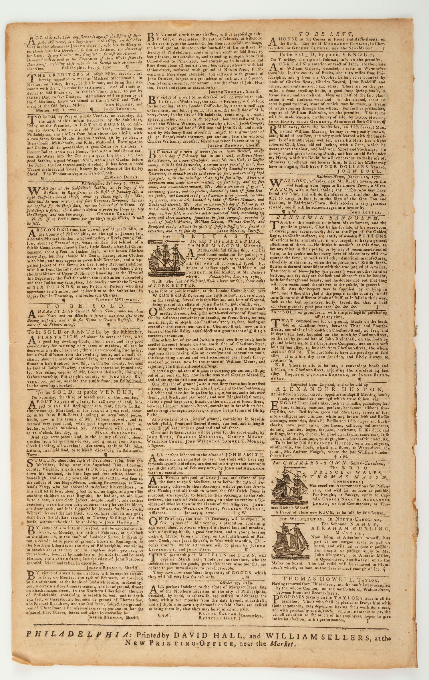 [PRE-REVOLUTIONARY WAR - NONIMPORTATION AGREEMENTS]. The Pennsylvania Gazette . No. 2146. Philadelphia: David Hall and William Sellers, 8 February 1770.