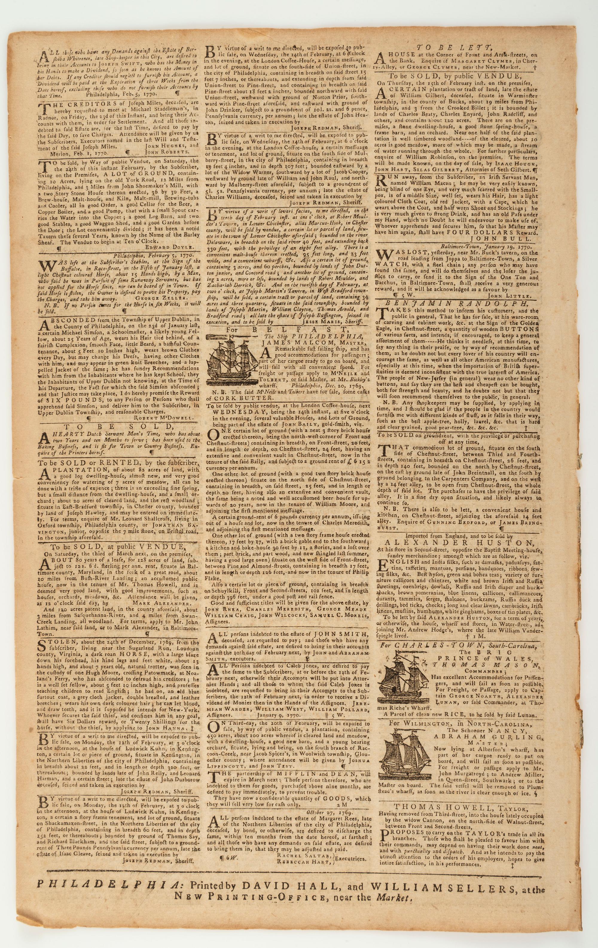 [PRE-REVOLUTIONARY WAR - NONIMPORTATION AGREEMENTS]. The Pennsylvania Gazette . No. 2146. Philadelphia: David Hall and William Sellers, 8 February 1770.