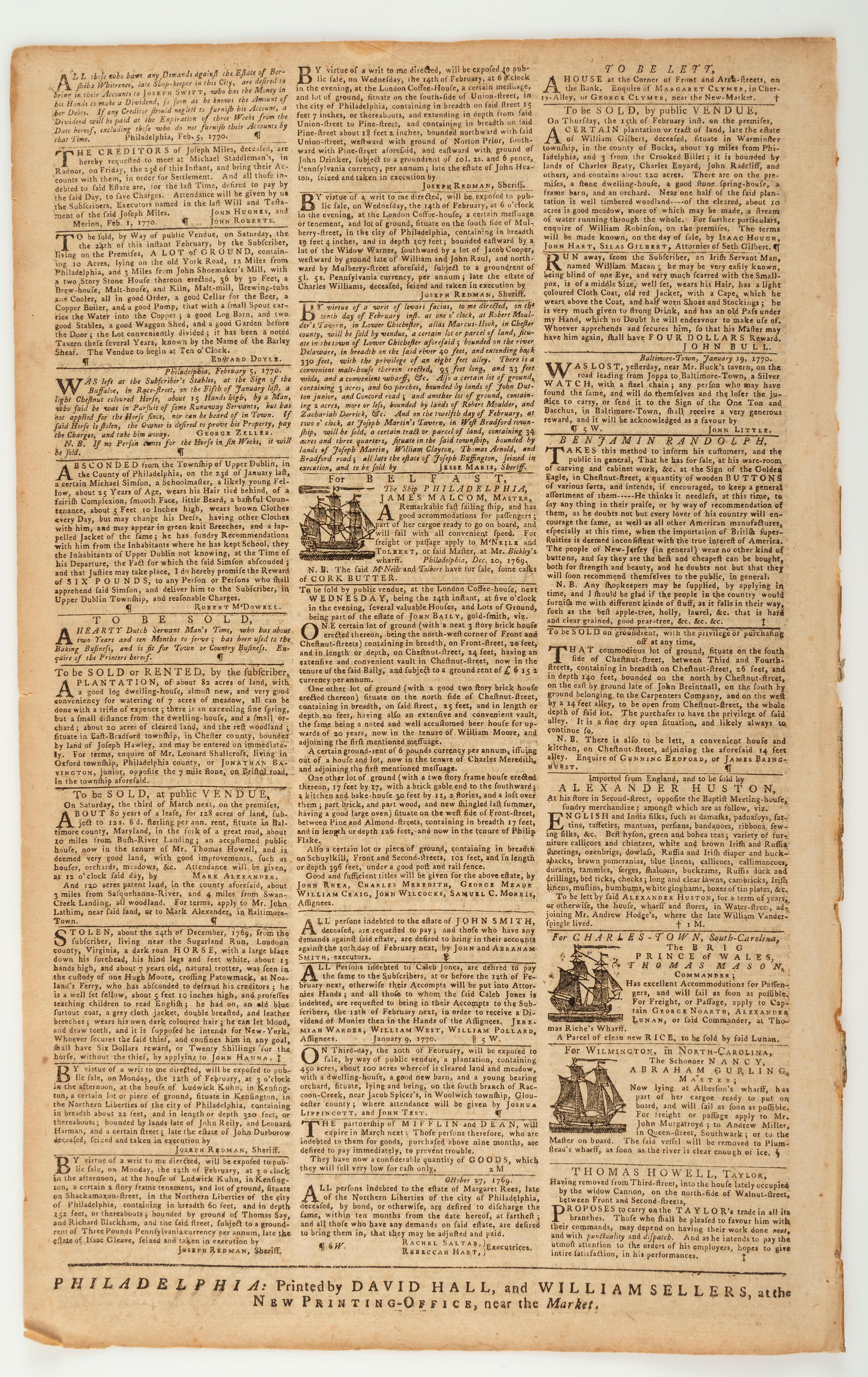 [PRE-REVOLUTIONARY WAR - NONIMPORTATION AGREEMENTS]. The Pennsylvania Gazette . No. 2146. Philadelphia: David Hall and William Sellers, 8 February 1770.