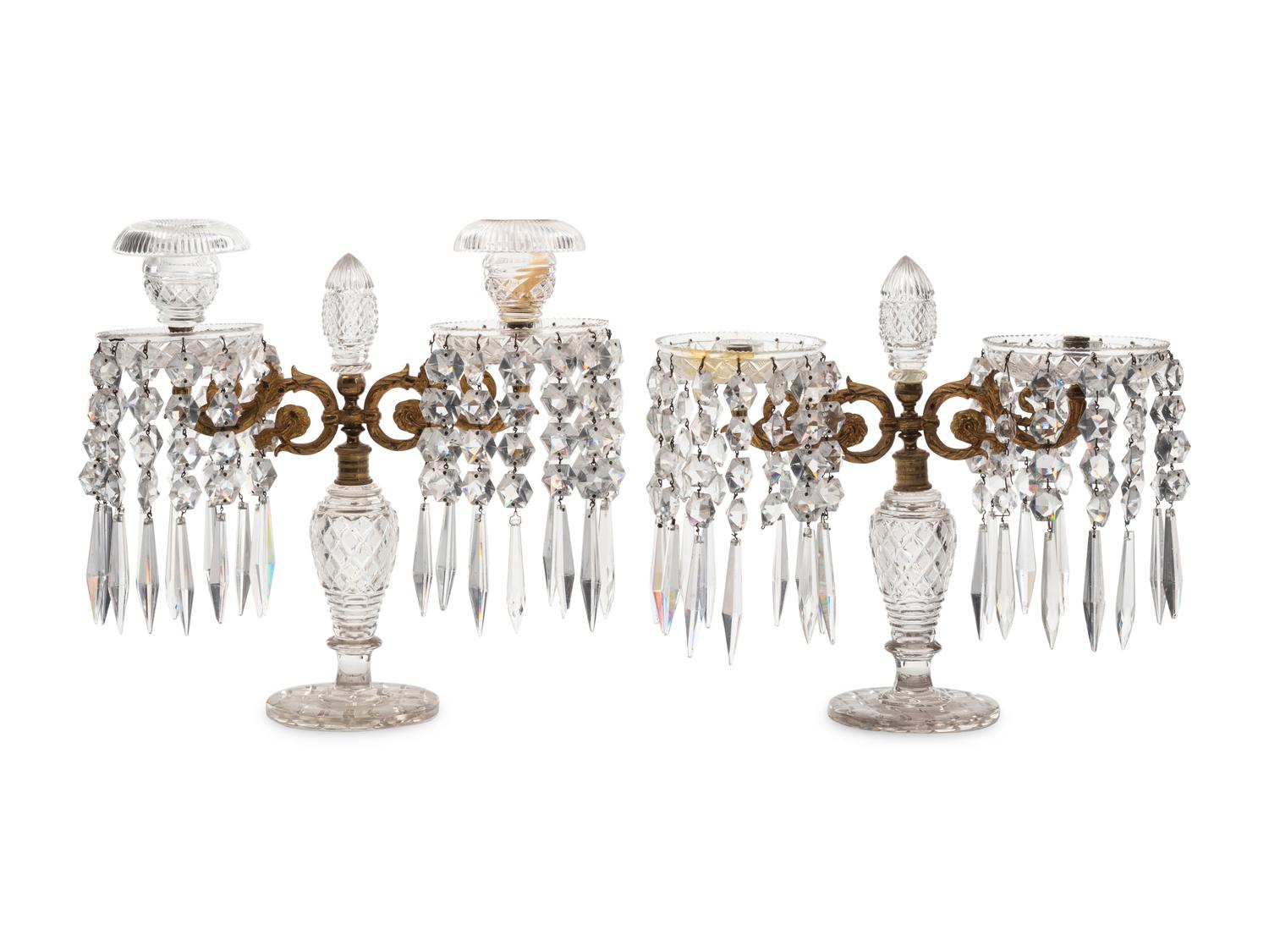 A Pair of English Gilt Metal Mounted Cut Glass Girandoles