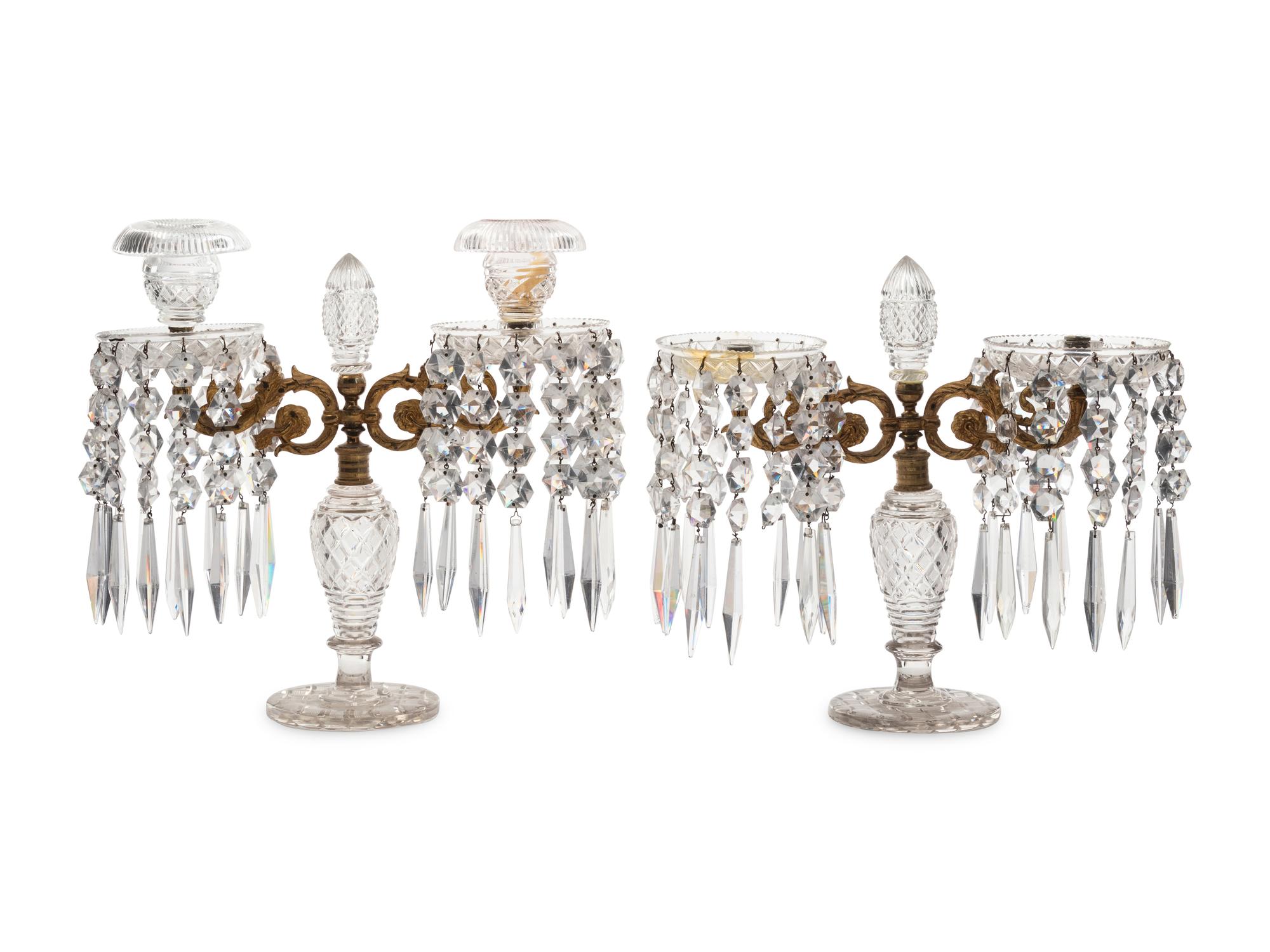 A Pair of English Gilt Metal Mounted Cut Glass Girandoles