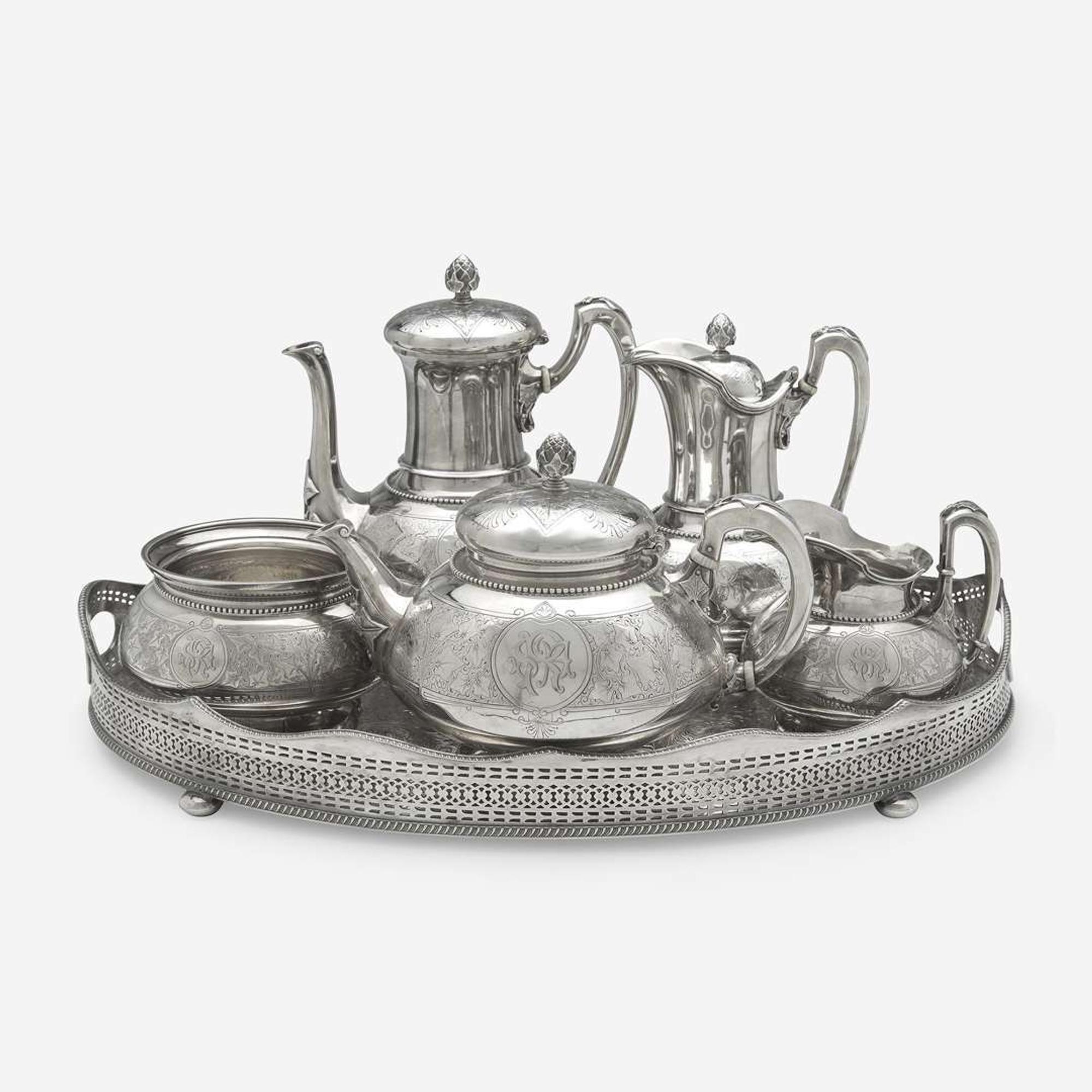 A five-piece sterling silver tea and coffee service in the "Ivy" pattern John Chandler Moore (c. 1803-1874) for Tiffany & Co., New York, NY, 1854-1870