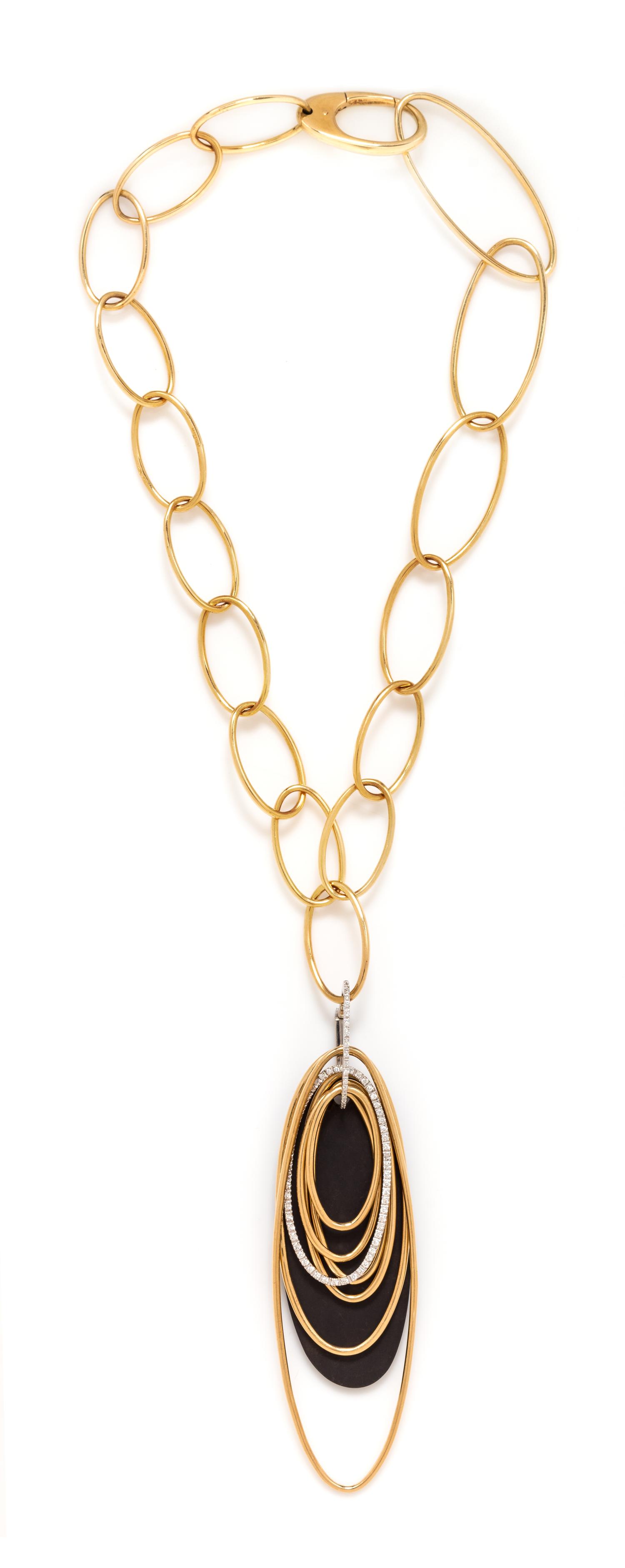 An 18 Karat Bicolor Gold, Diamond and Onyx Convertible 'Hiroko' Pendant/Necklace, Mattioli, 56.10 dwts.
