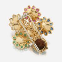 An 18K yellow gold, opal, diamond, emerald, sapphire, and ruby brooch, Julius Hügler Austria