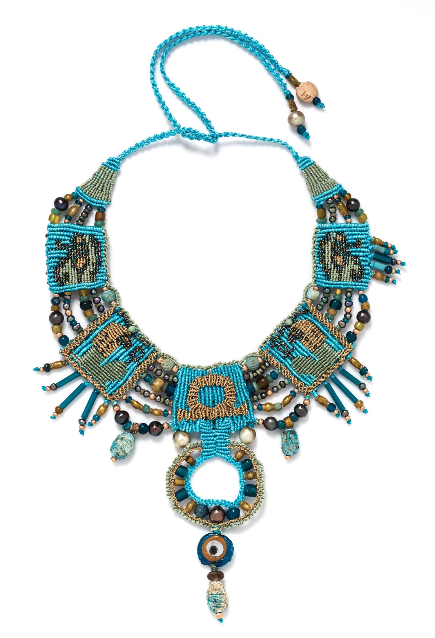 A Textile, Glass, Clay, Cultured Pearl and Faience Bead Egyptian Motif Collar Necklace,