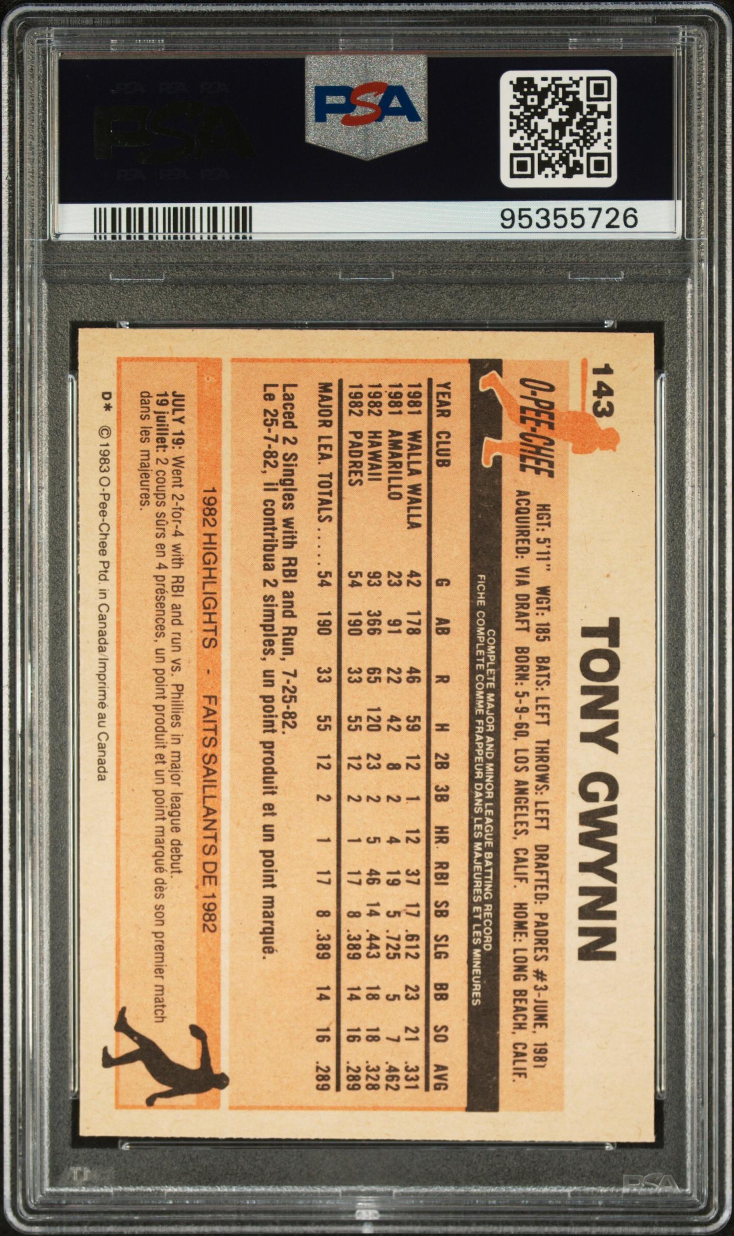 A 1983 O-Pee-Chee Tony Gwynn Rookie Baseball Card No. 143 (PSA 9 MINT)