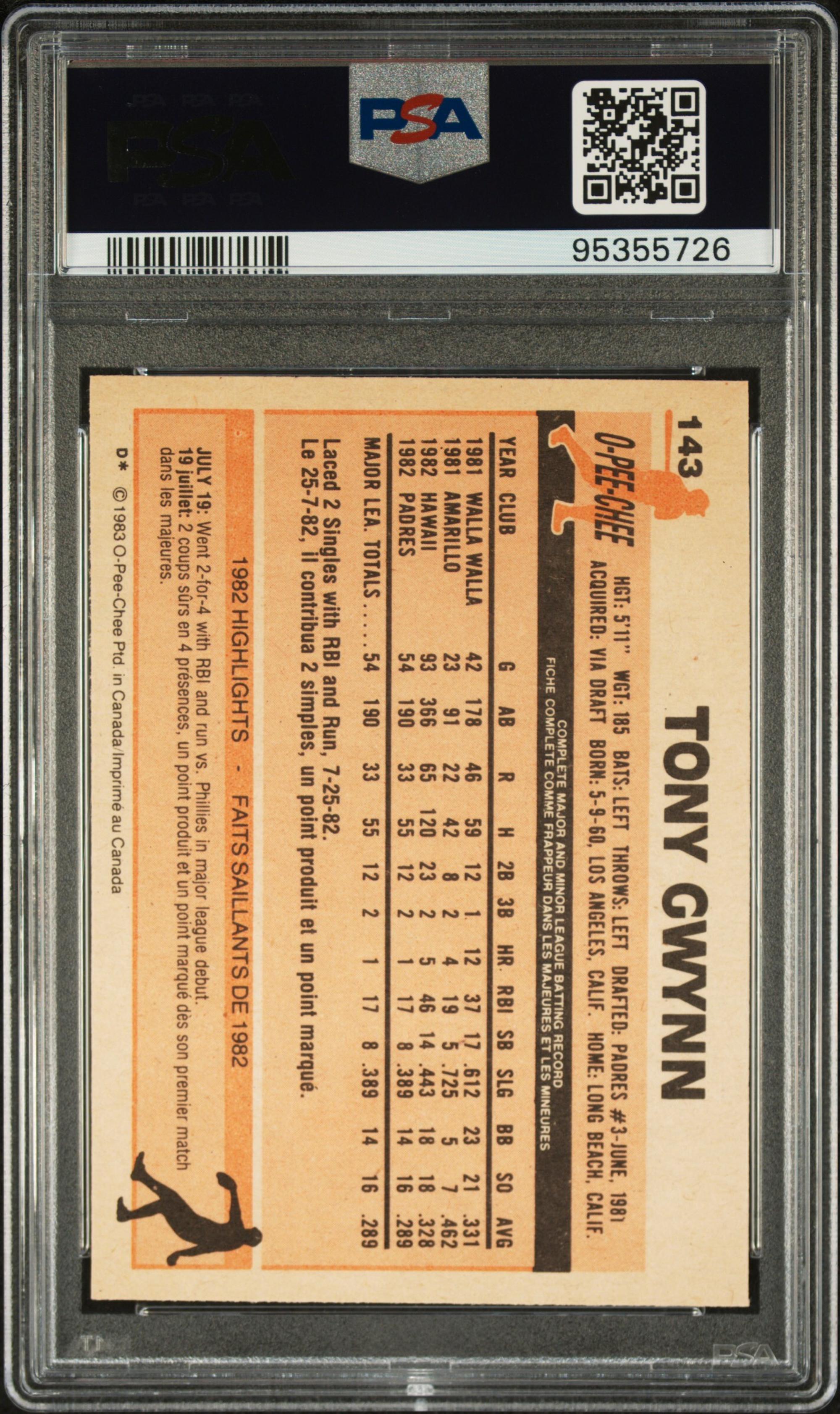 A 1983 O-Pee-Chee Tony Gwynn Rookie Baseball Card No. 143 (PSA 9 MINT)