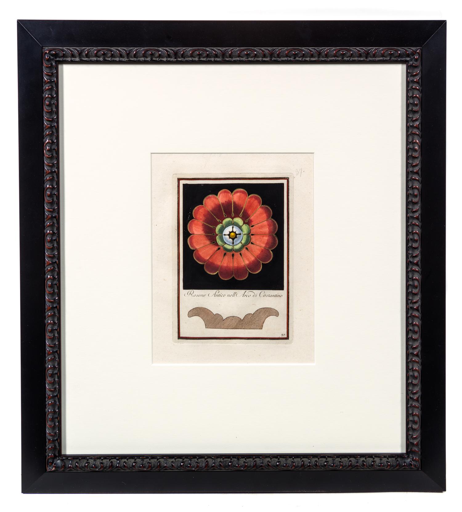 A Group of Four Engravings with Hand Coloring Each 8 7/8 x 6 3/4 inches (visible).