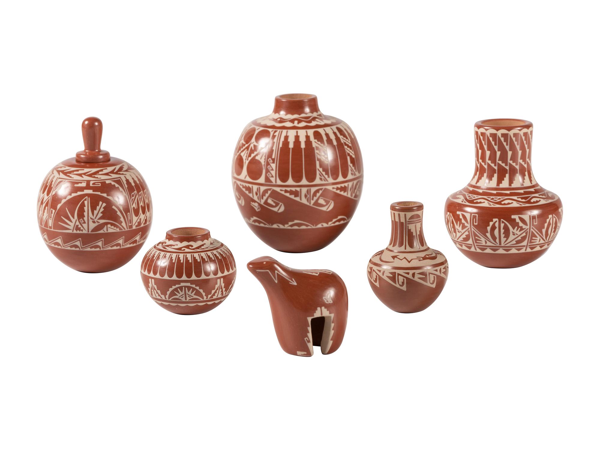 Miniature White-on-Red Pottery Jars and Bear
