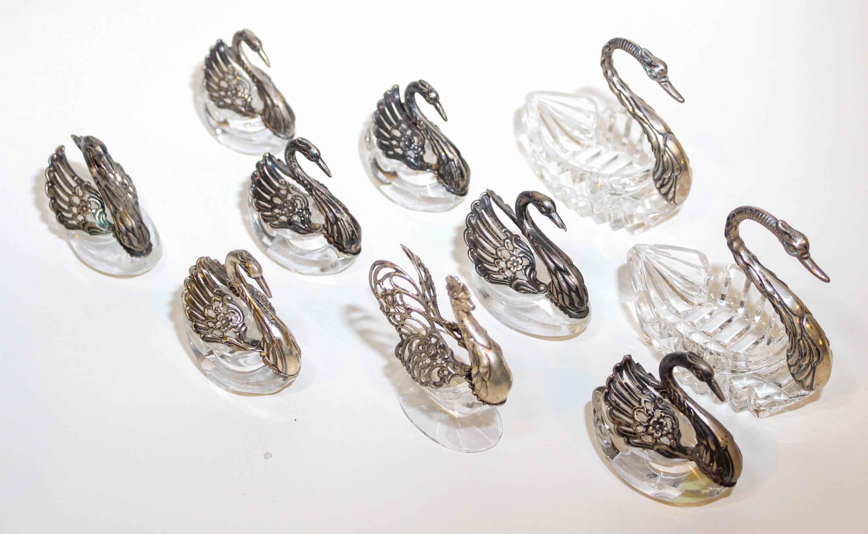 Nine Silver Mounted Glass Swan Form Salts Height of tallest 4 1/4 inches.