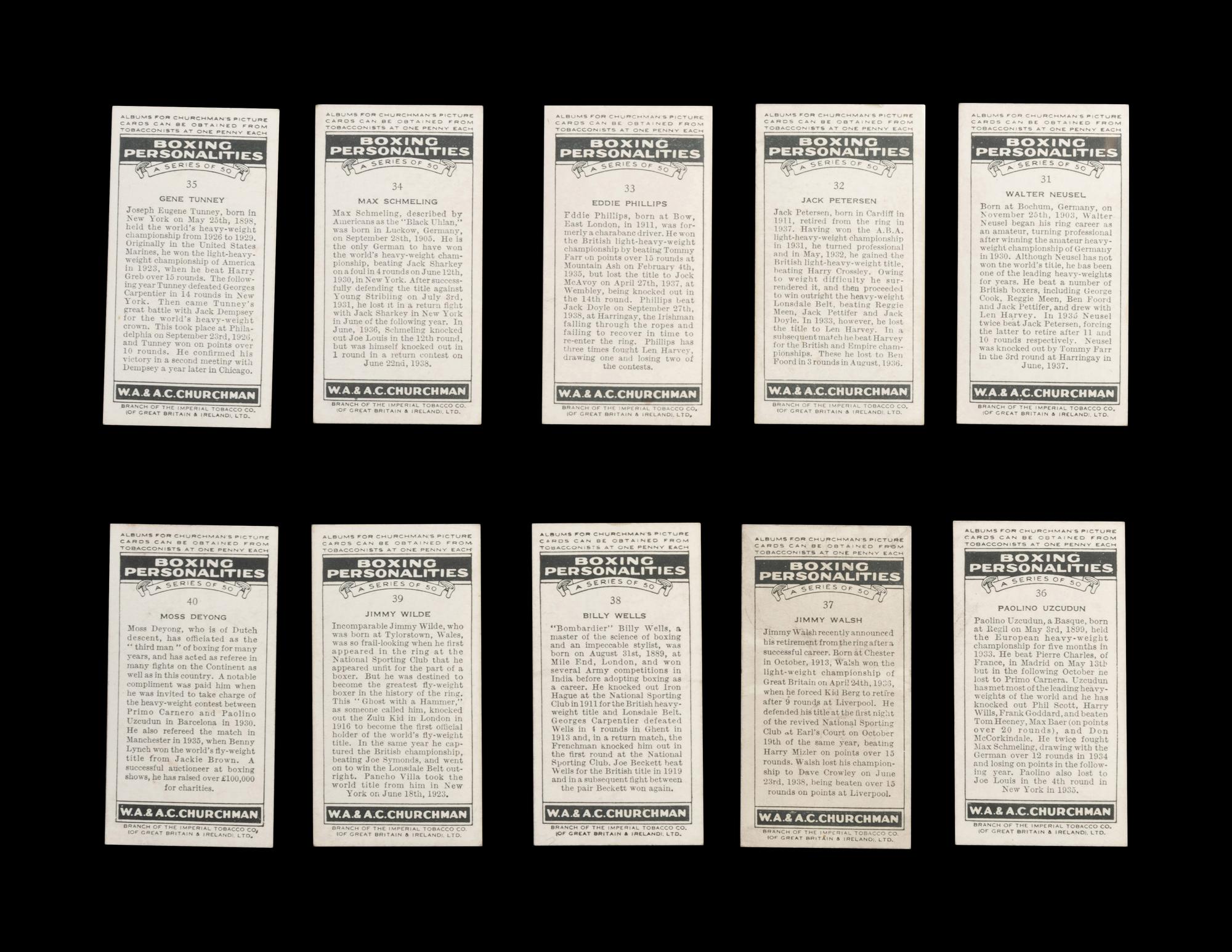 A Complete Set of 50 1938 Churchman Boxing Personalities Cards,