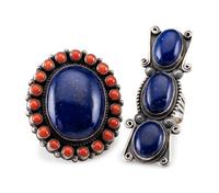 Large Sterling Silver and Lapis Ring, PLUS Sterling Silver, Coral, and Lapis Cluster Ring