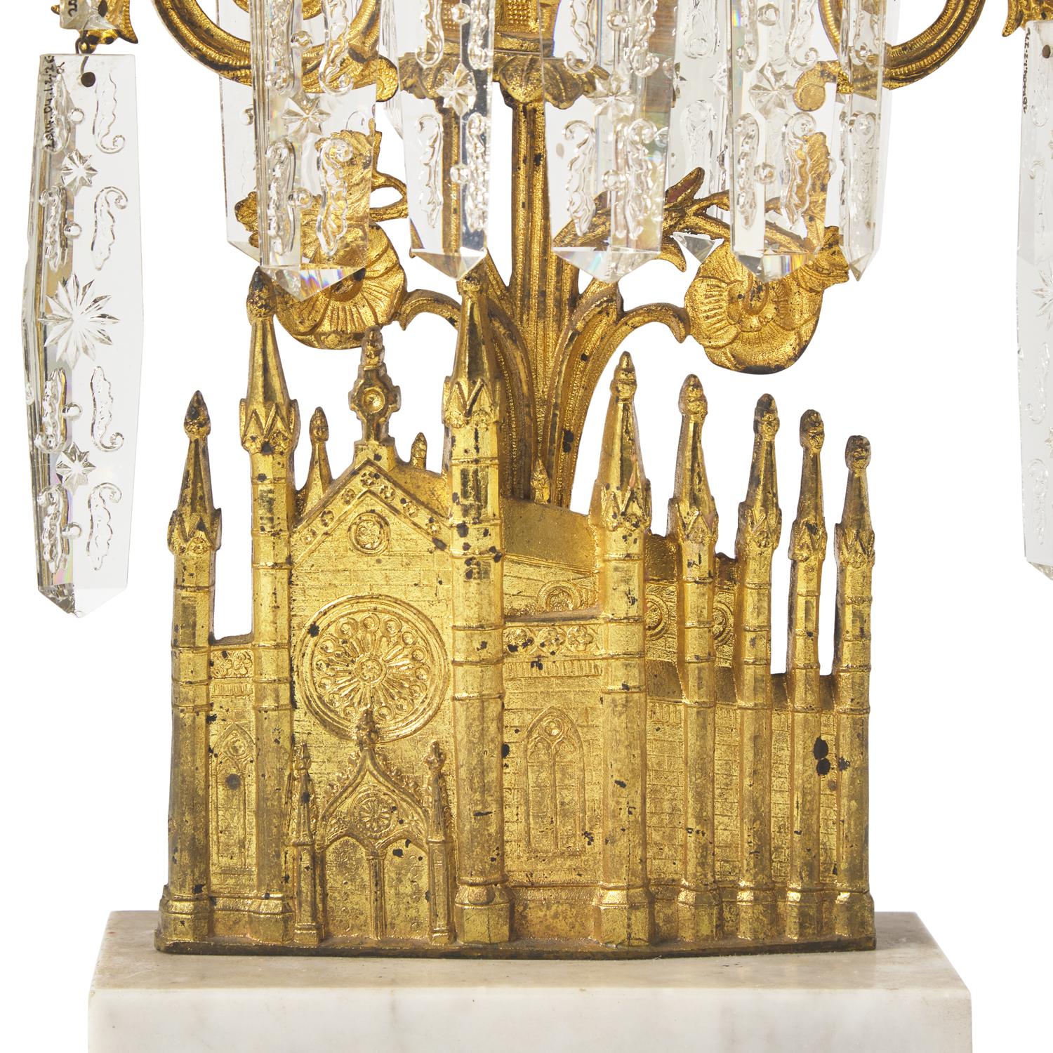 A Three-Piece Cast Brass, Marble, and Glass Girandole Garniture Depicting Bigelow Chapel at Mount Auburn Cemetery, Cambridge, Massachusetts