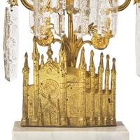 A Three-Piece Cast Brass, Marble, and Glass Girandole Garniture Depicting Bigelow Chapel at Mount Auburn Cemetery, Cambridge, Massachusetts