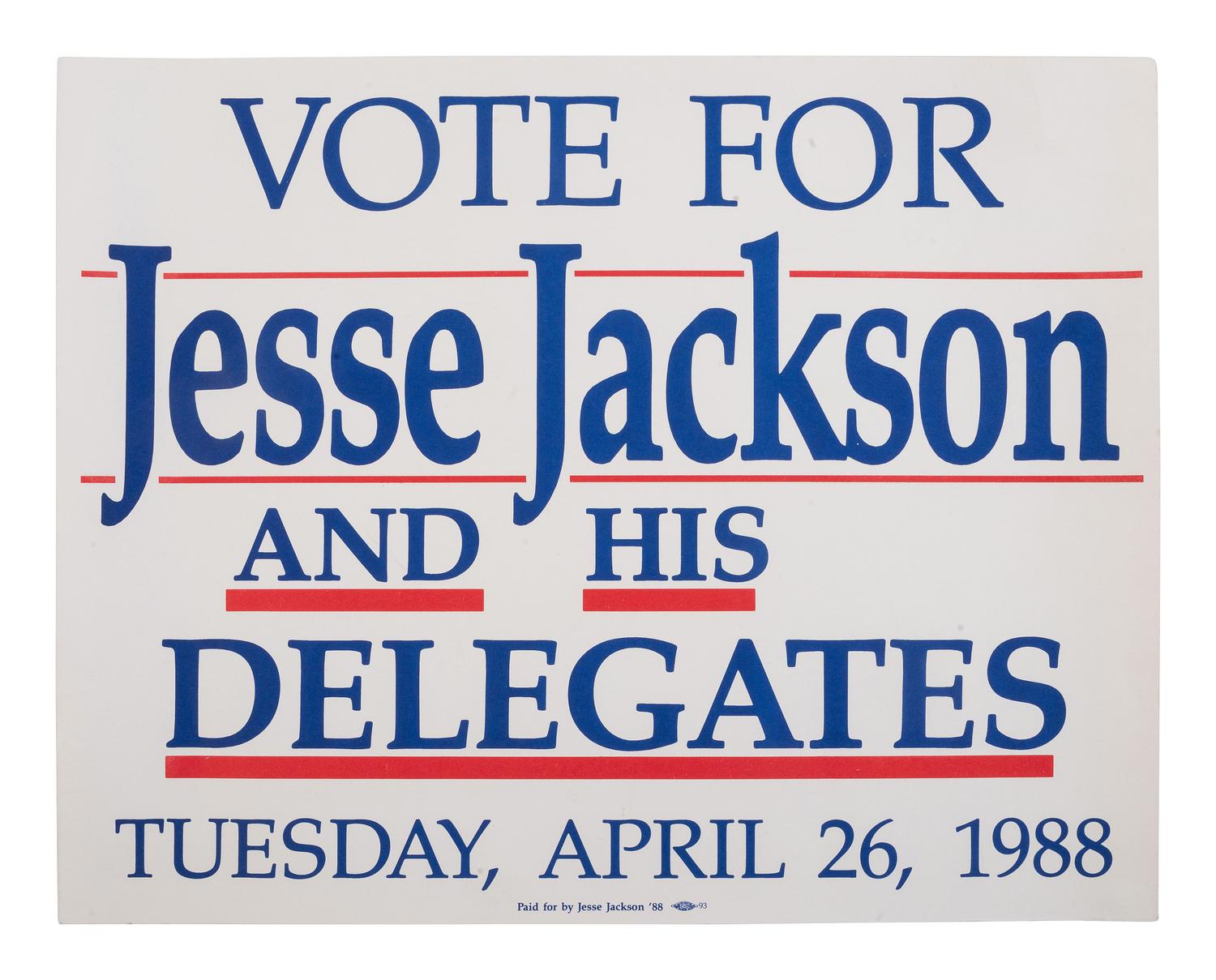 [JACKSON, Rev. Jesse L. (b. 1941 )]. Political ephemera from Jackson's 1984 and 1988 presidential campaigns, comprising: