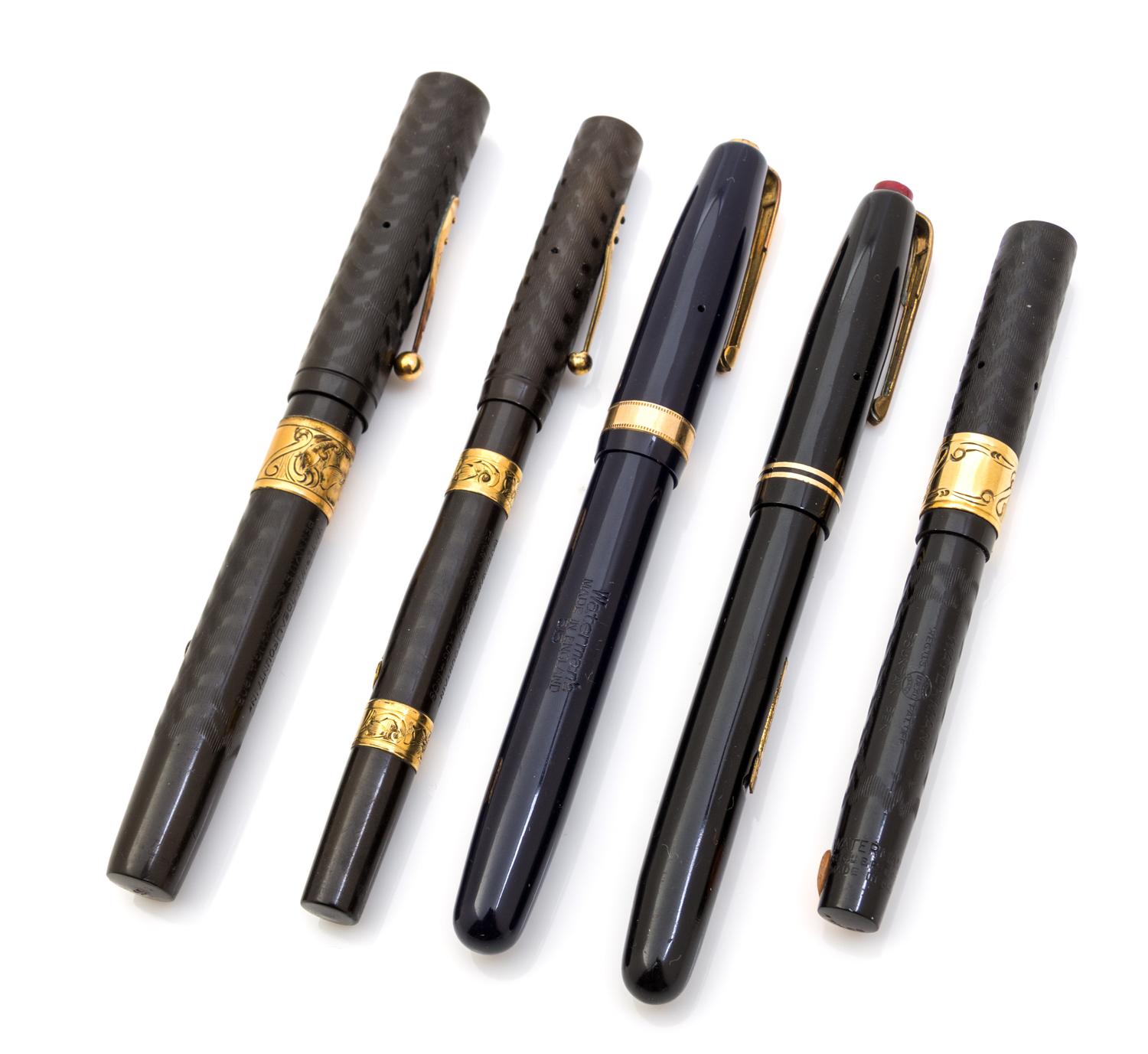 A Collection of Six Vintage Waterman Fountain Pens Length of longest 5 1/2 inches.