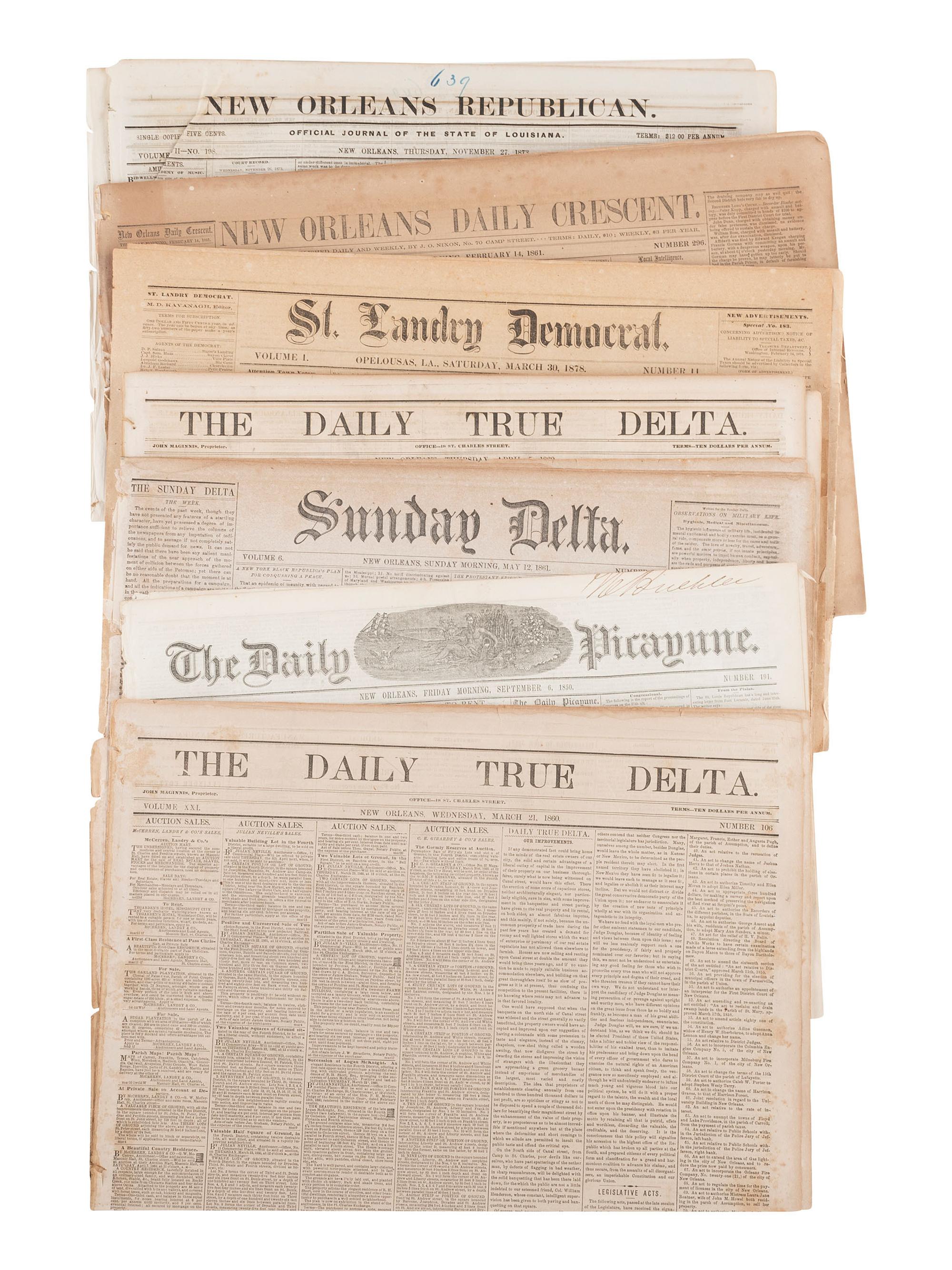 [NEW ORLEANS]. Extensive collection of 200+ New Orleans newspapers dating from the 19th century.