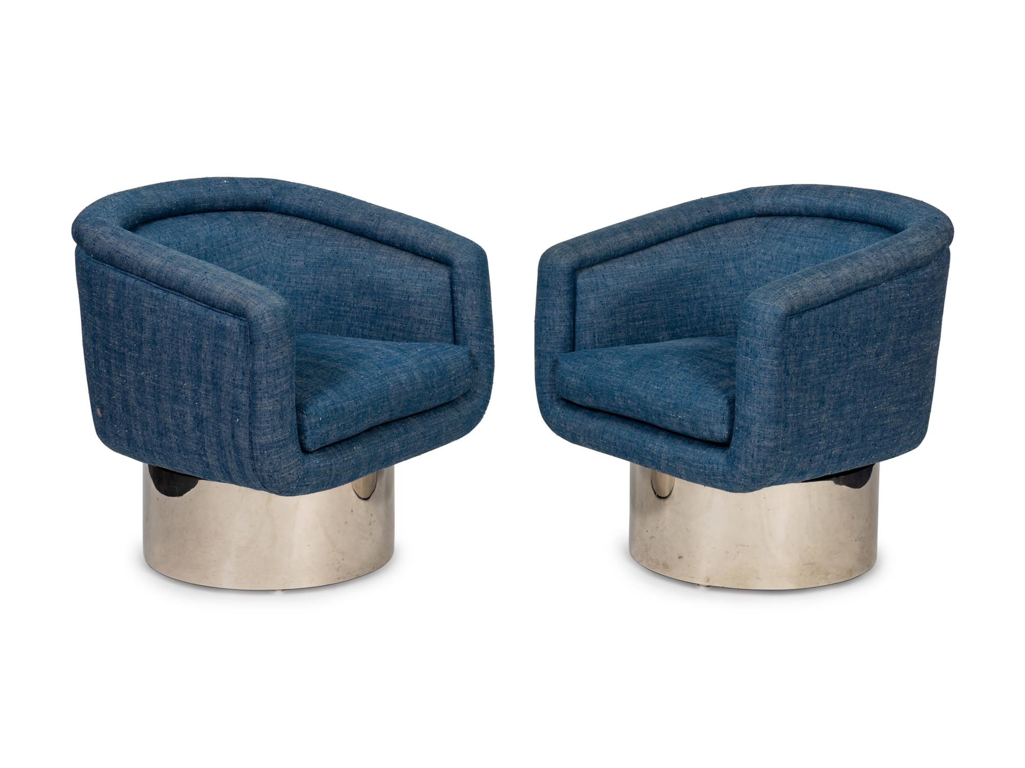 A Pair of Mid-Century Chrome and Upholstered Swivel Chairs — 20TH CENTURY