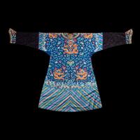 A Chinese Blue Ground Embroidered Silk Dragon Robe, Jifu, Late 19th Century 清晚期 藍緞地綉云龍紋吉服
