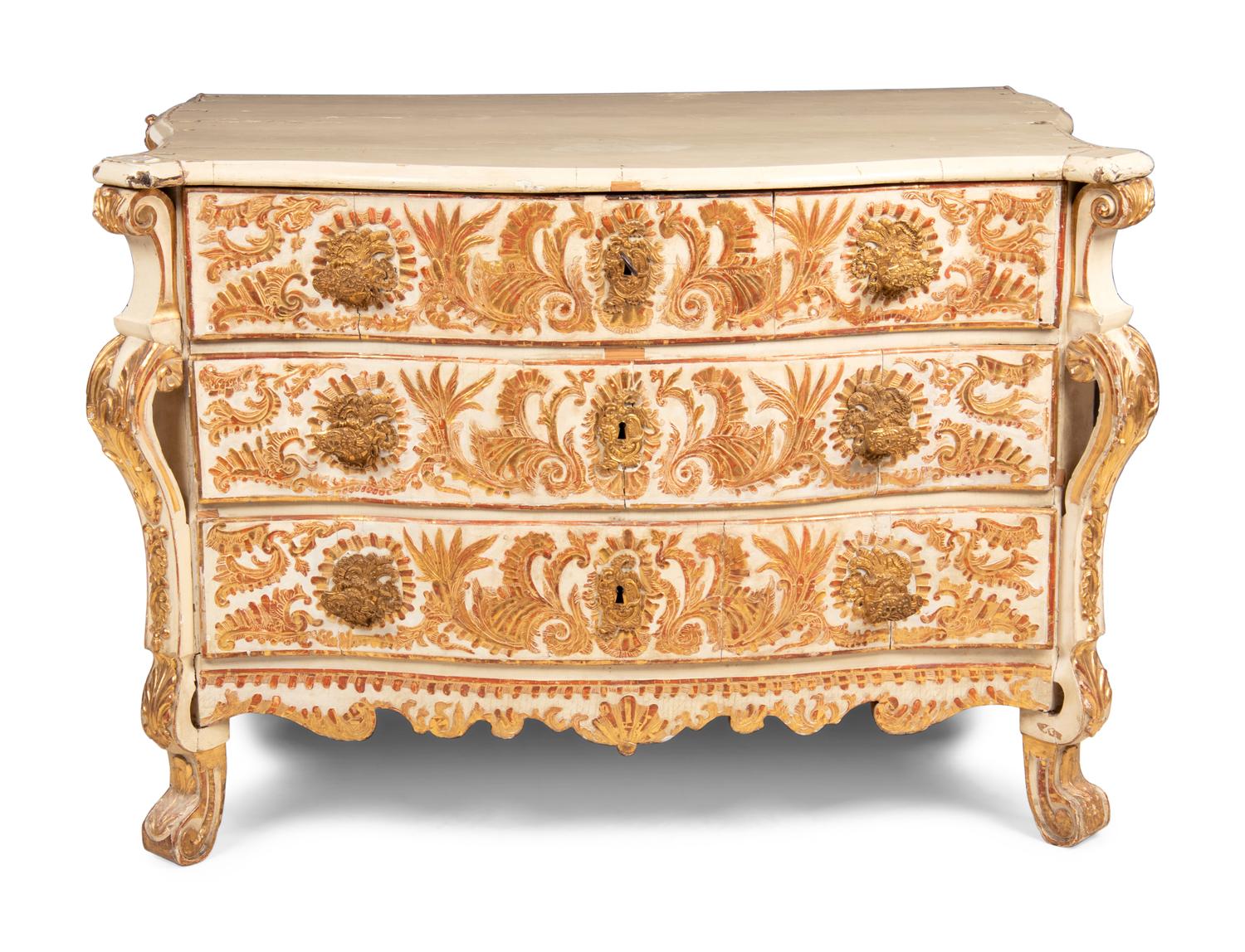 A Portuguese Baroque Gilt Bronze Mounted Painted and Parcel Gilt Commode