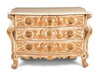 A Portuguese Baroque Gilt Bronze Mounted Painted and Parcel Gilt Commode