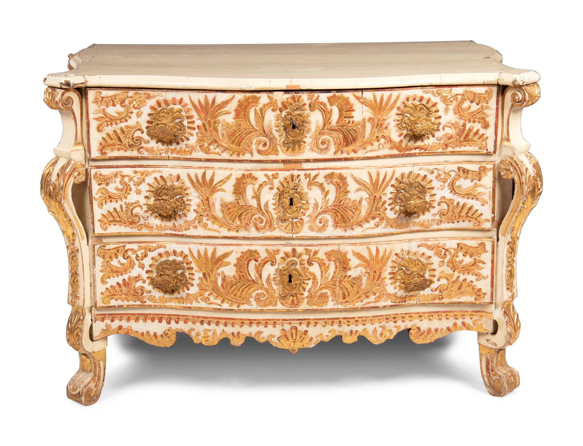 A Portuguese Baroque Gilt Bronze Mounted Painted and Parcel Gilt Commode