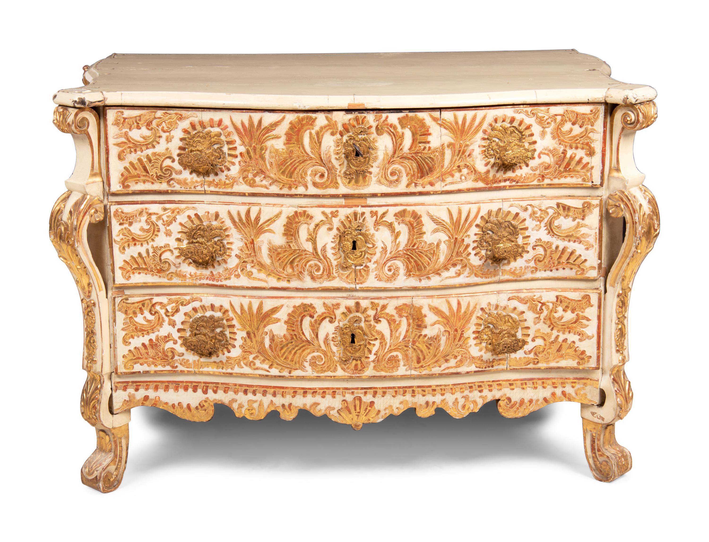 A Portuguese Baroque Gilt Bronze Mounted Painted and Parcel Gilt Commode