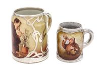 Two Ceramic Silver Overlay Mugs Height of taller 4 1/4 inches.