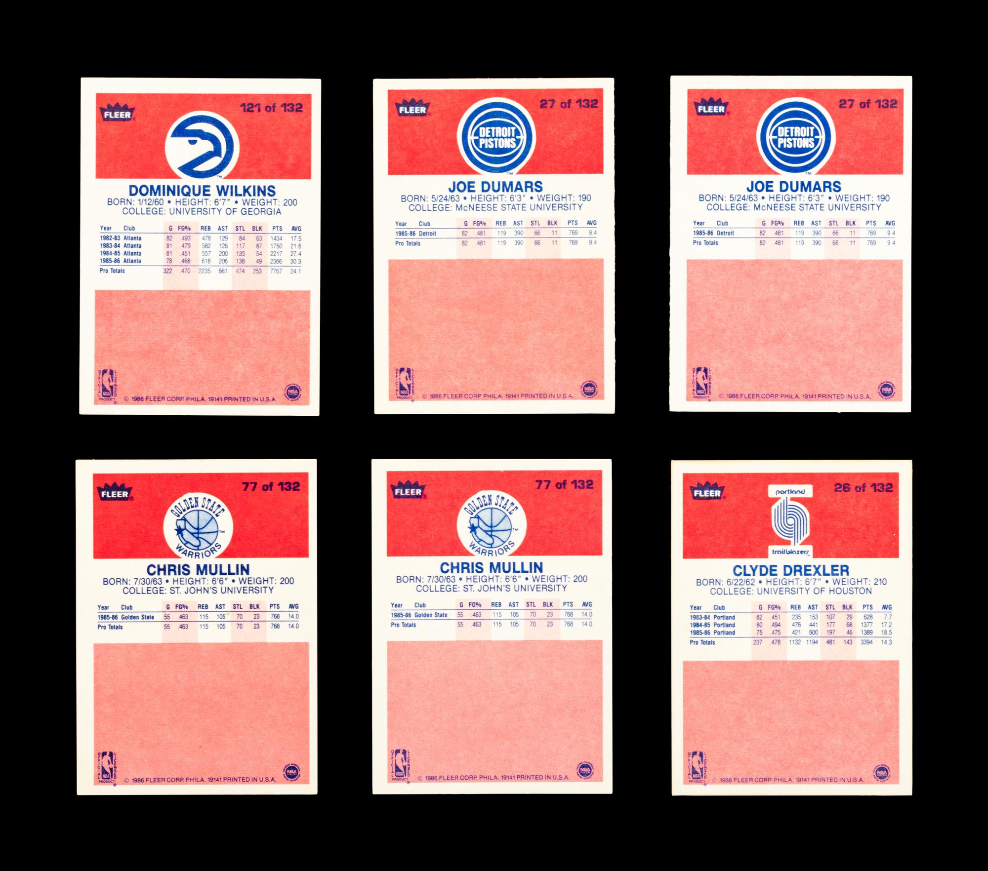 A Group of Six 1986 Fleer Rookie Basketball Cards (Including Clyde Drexler, Joe Dumars, Chris Mullin, Dominique Wilkins),