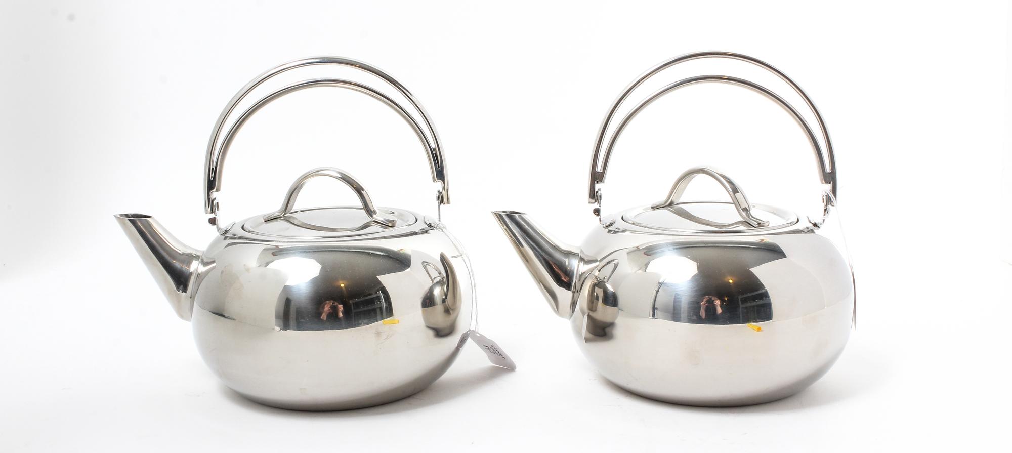 A Pair of Stainless Steel Kettles Height 8 3/4 x width 9 1/2 inches. — REVERE