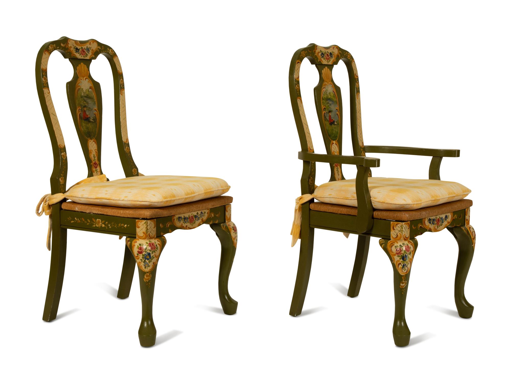Six Queen Anne Style Painted Rush Seat Dining Chairs — 20TH CENTURY