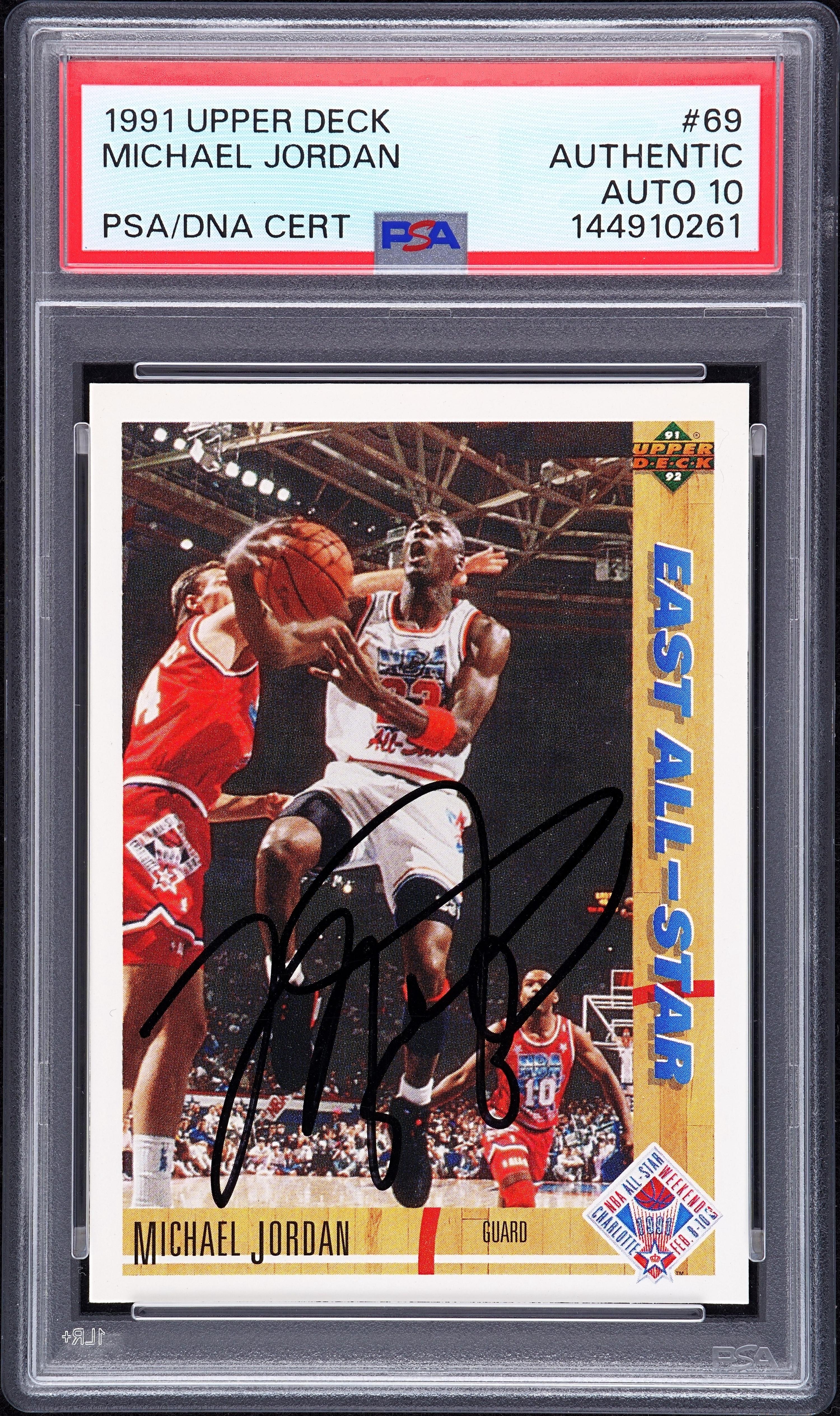 A 1991 Upper Deck Michael Jordan Signed Autograph Basketball Card No. 69 (PSA 10 GEM MINT AUTO) — Autograph obtained from Jordan by Make-A-Wish child in 1992 at Chicago Stadium