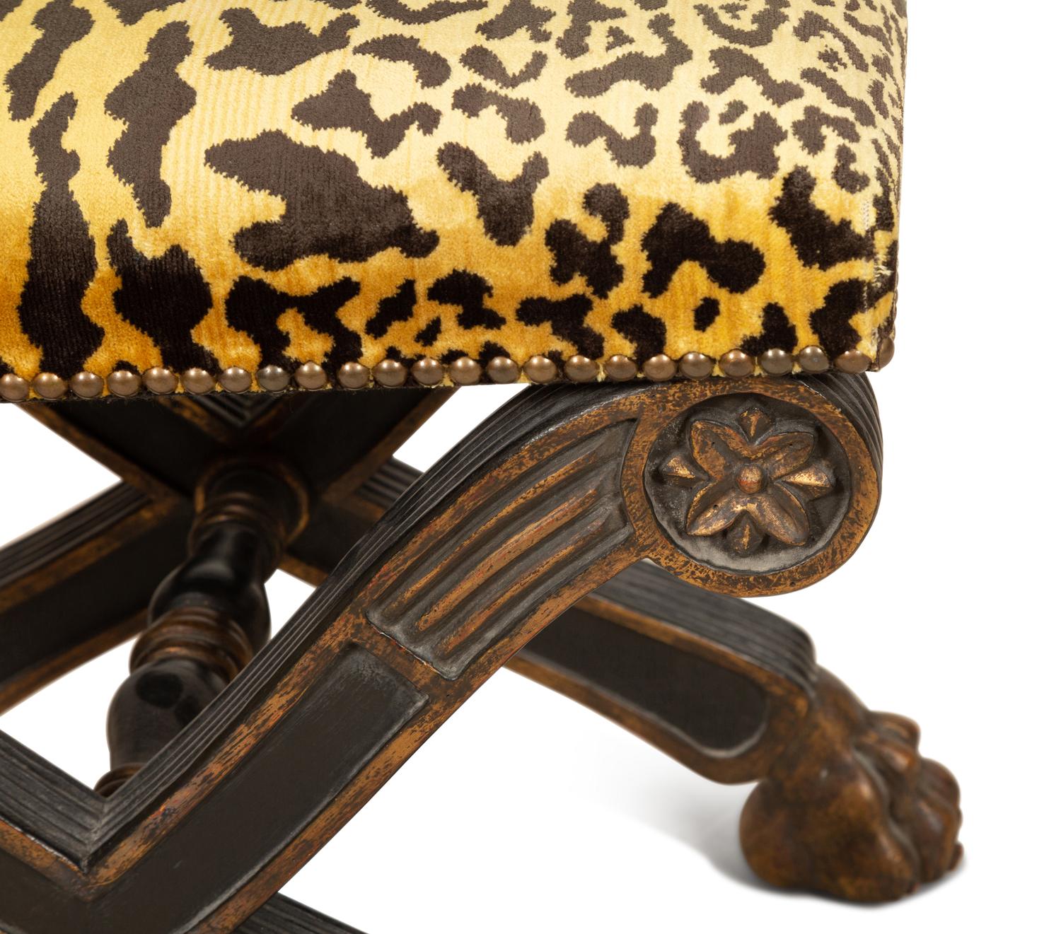 An Italian Neoclassical X-form Parcel Gilt Stool with Leopard Print Upholstered Seat