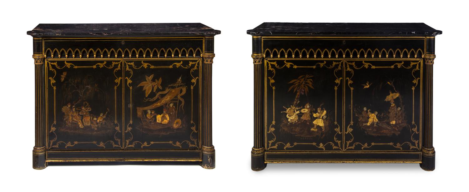 A Pair of Regency Chinoiserie Lacquered Cabinets, Height 39 x width 51 1/2 x depth 21 inches.