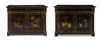 A Pair of Regency Chinoiserie Lacquered Cabinets, Height 39 x width 51 1/2 x depth 21 inches.