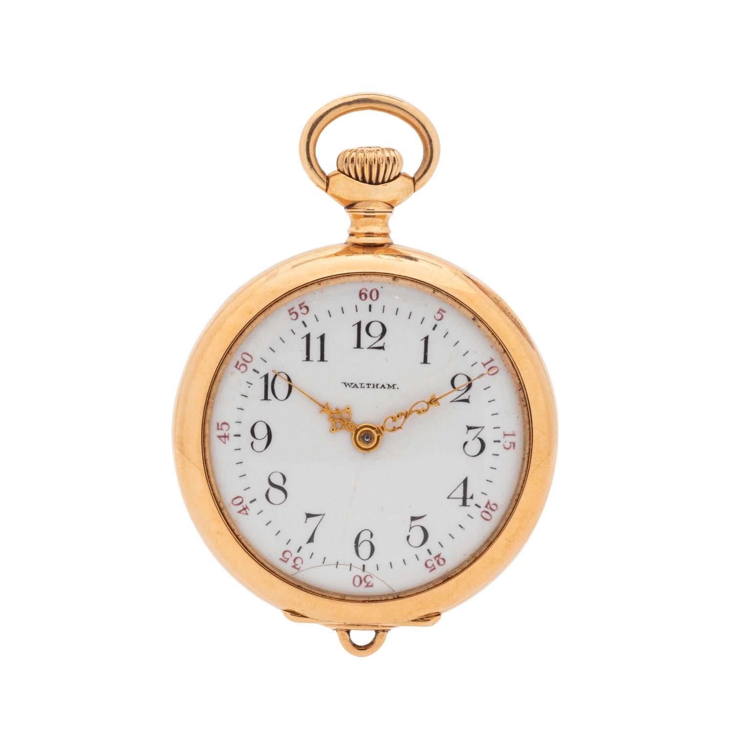 WALTHAM, 14K YELLOW GOLD AND DIAMOND OPEN FACE POCKET WATCH