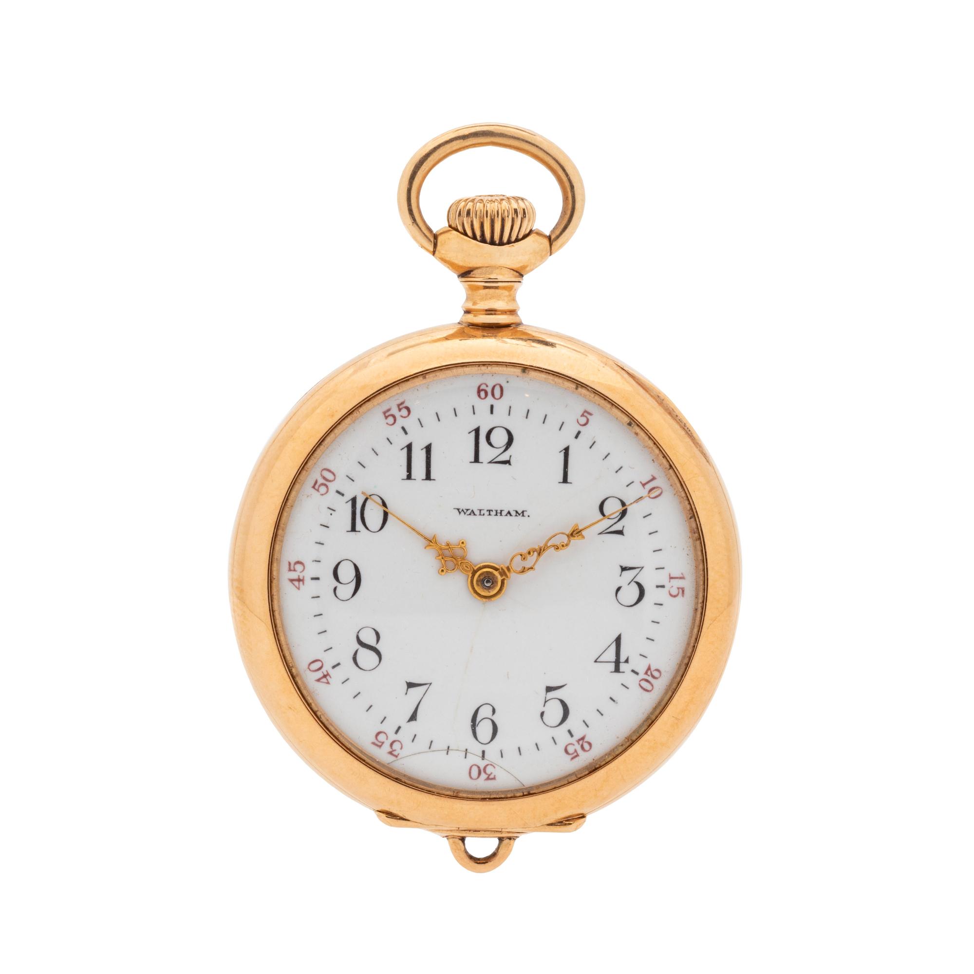 WALTHAM, 14K YELLOW GOLD AND DIAMOND OPEN FACE POCKET WATCH