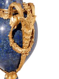 A Pair of Monumental Louis XV Style Gilt Bronze Mounted Lapis Lazuli Veneered Urns