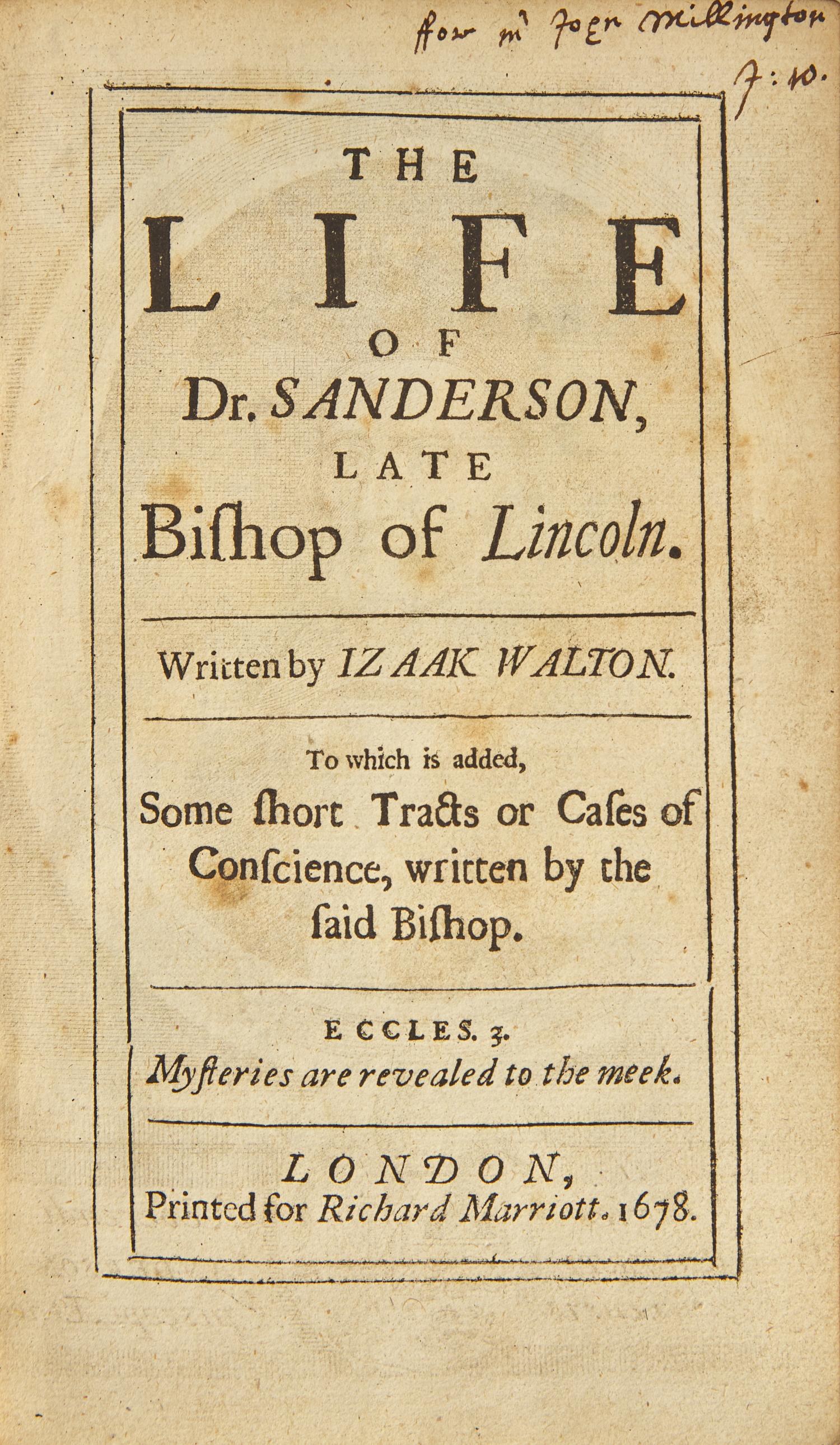 [Literature] Walton, Izaak. The Life of Dr. Sanderson, Late Bishop of Lincoln...