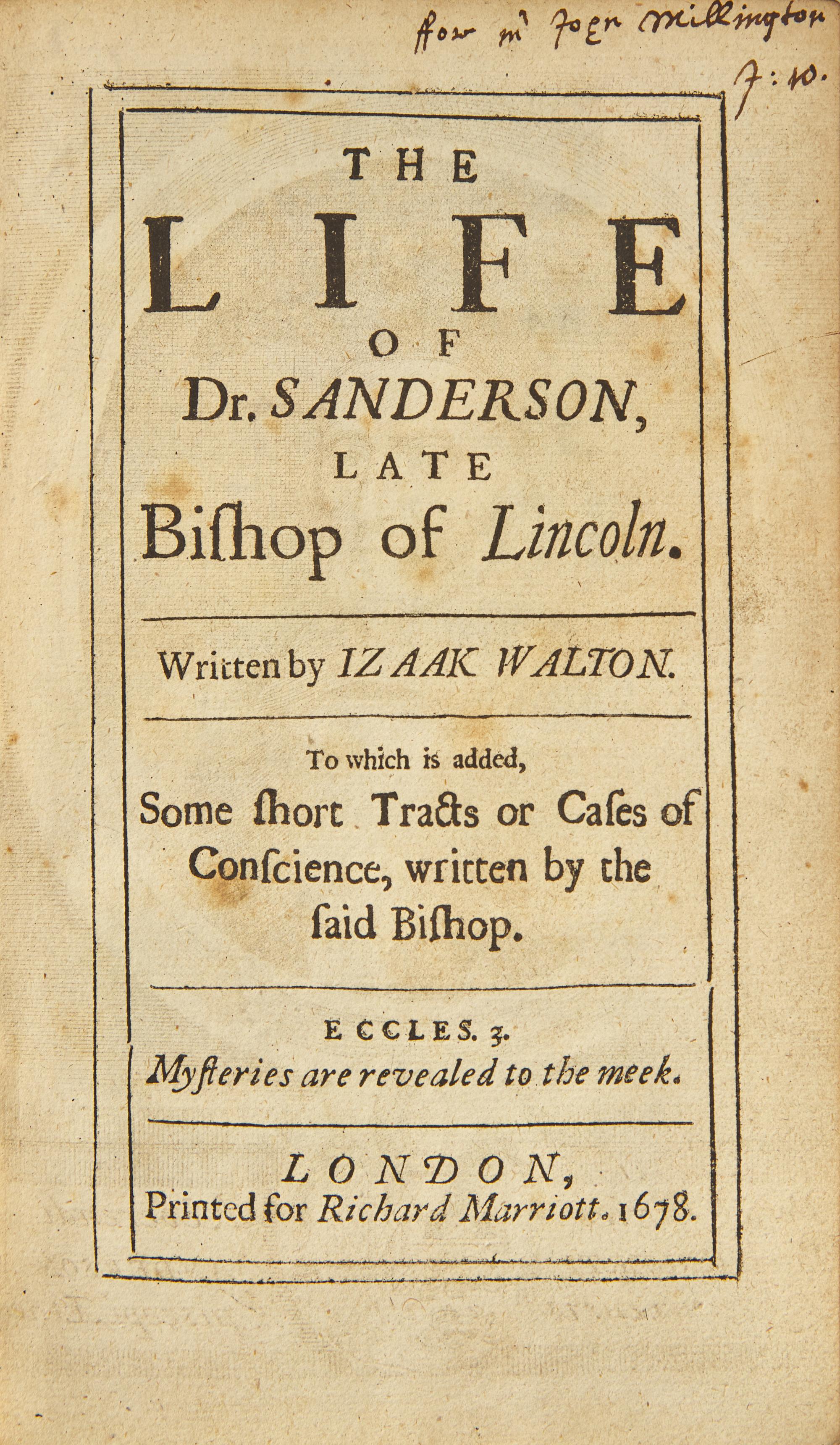 [Literature] Walton, Izaak. The Life of Dr. Sanderson, Late Bishop of Lincoln...