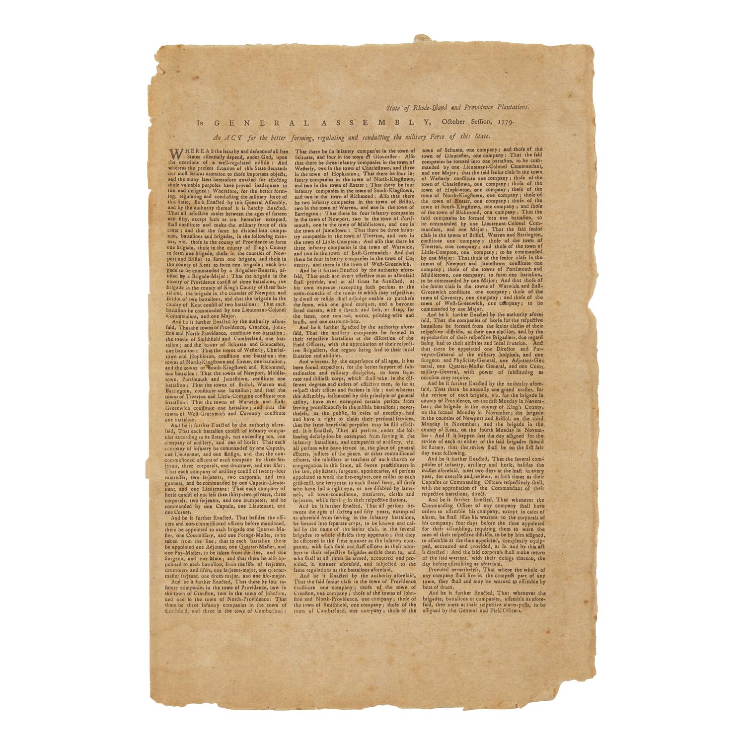 [American Revolution] A Scarce and Completely Untrimmed Revolutionary War Broadsheet Related to the Rhode Island Militia