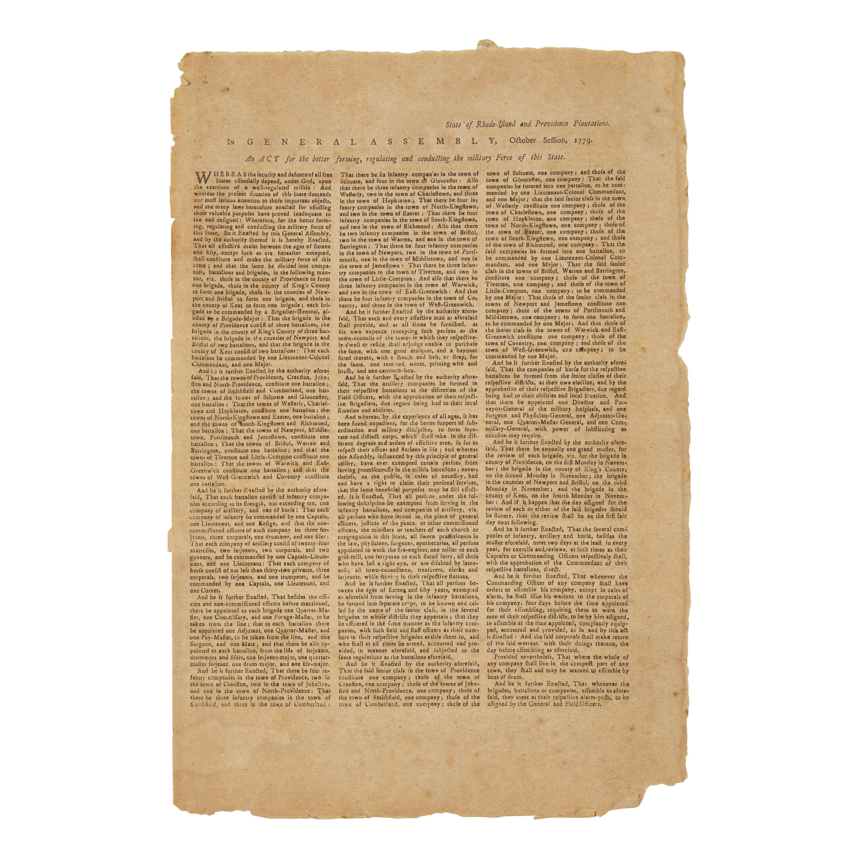 [American Revolution] A Scarce and Completely Untrimmed Revolutionary War Broadsheet Related to the Rhode Island Militia