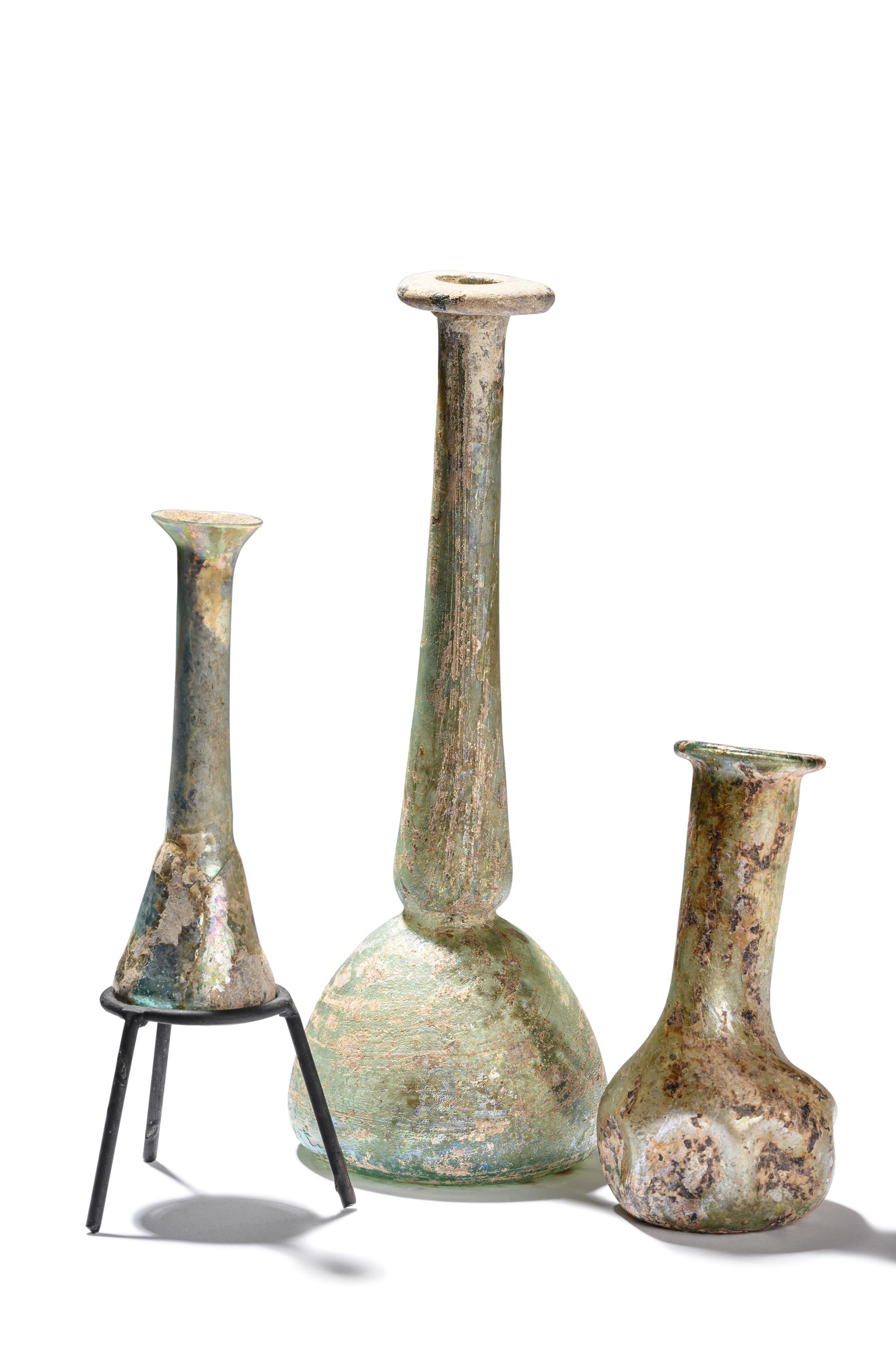 Three Roman Blue Glass Unguentaria