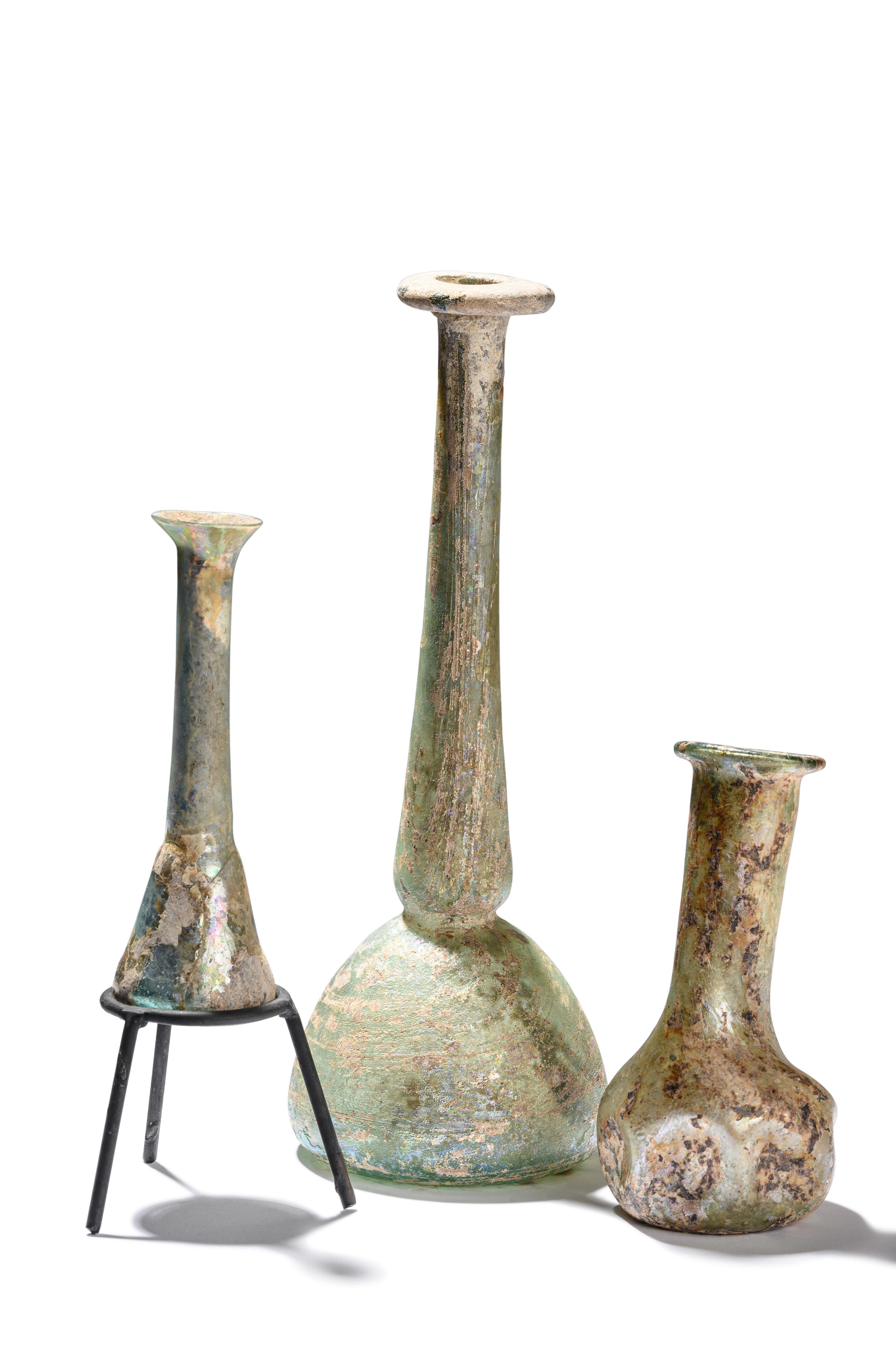 Three Roman Blue Glass Unguentaria