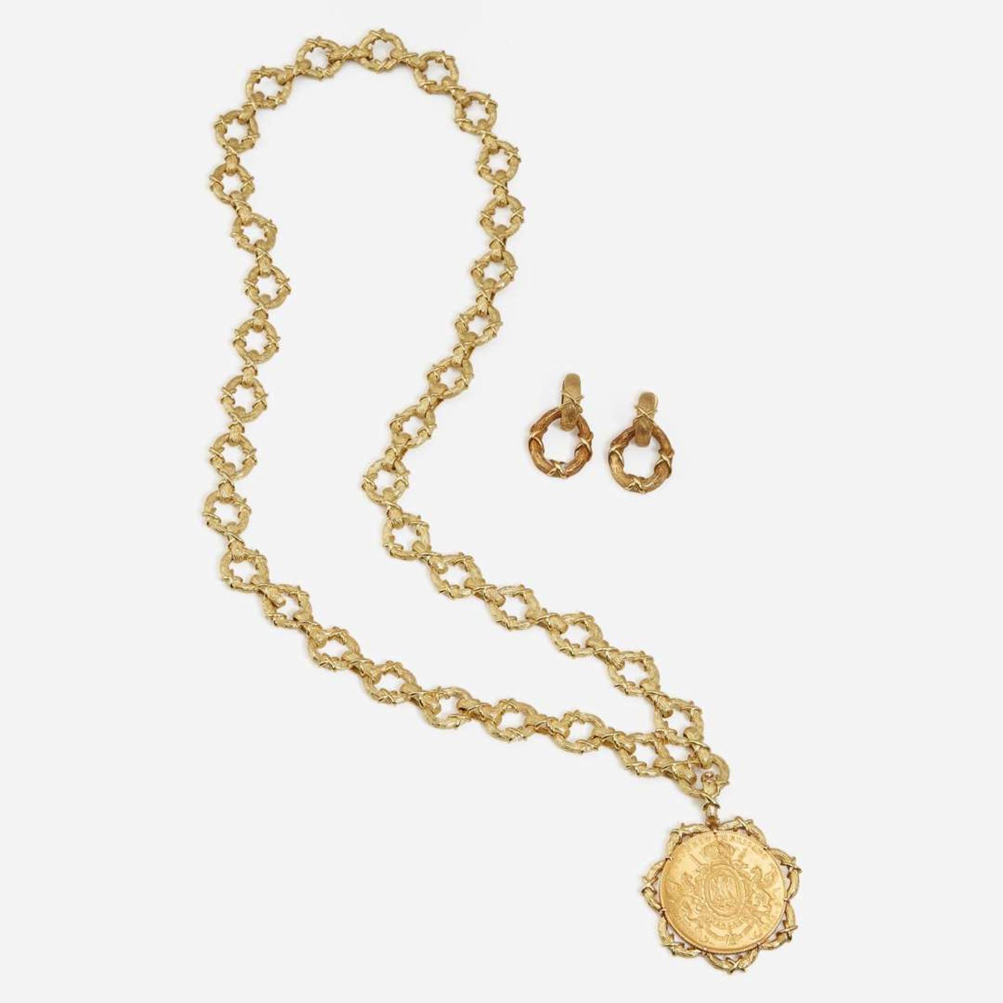 A Maximilian I Mexican Empire Peso Coin necklace and Matching Earrings Signed, Boris