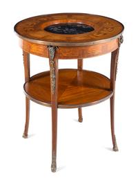 A Louis XVI Style Bronze Mounted Marquetry Marble-Inset Side Table