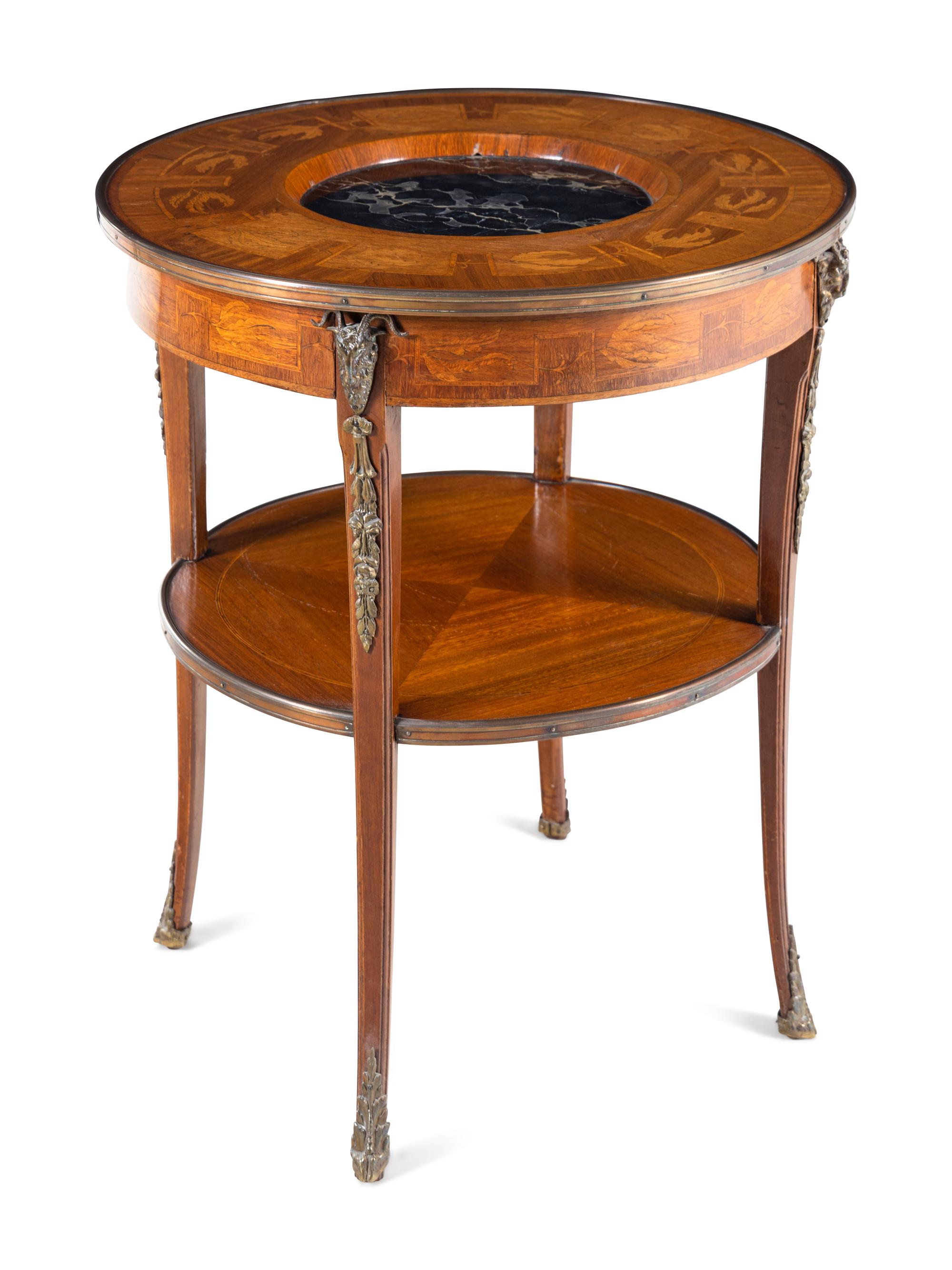 A Louis XVI Style Bronze Mounted Marquetry Marble-Inset Side Table