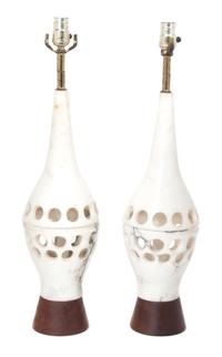 A Pair of Pierced Marble Lamps Height of each 25 1/4 inches.