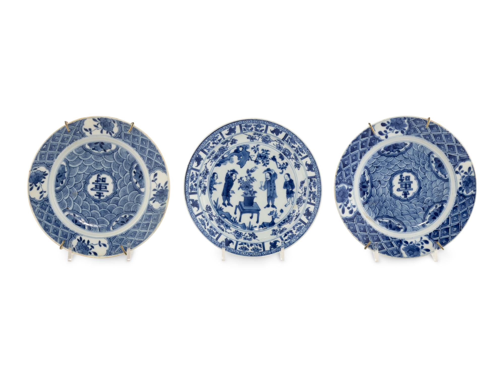 Three Chinese Export Blue and White Porcelain Dishes